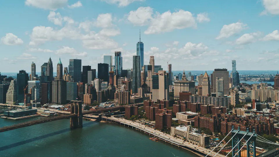 The Manhattan skyline and the Brooklyn Bridge over the East River