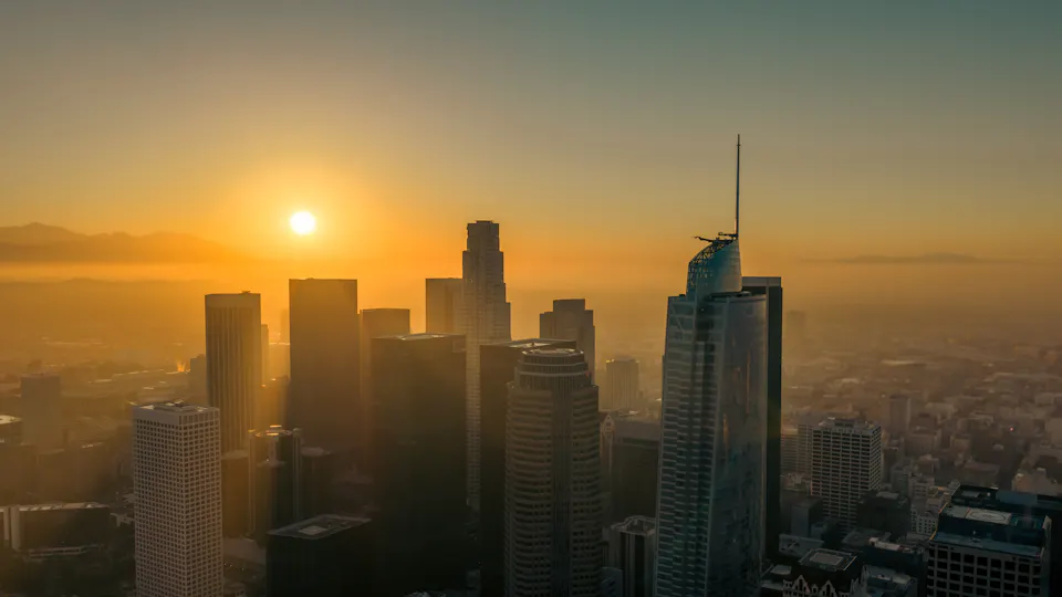 Downtown Los Angeles skyline at sunrise